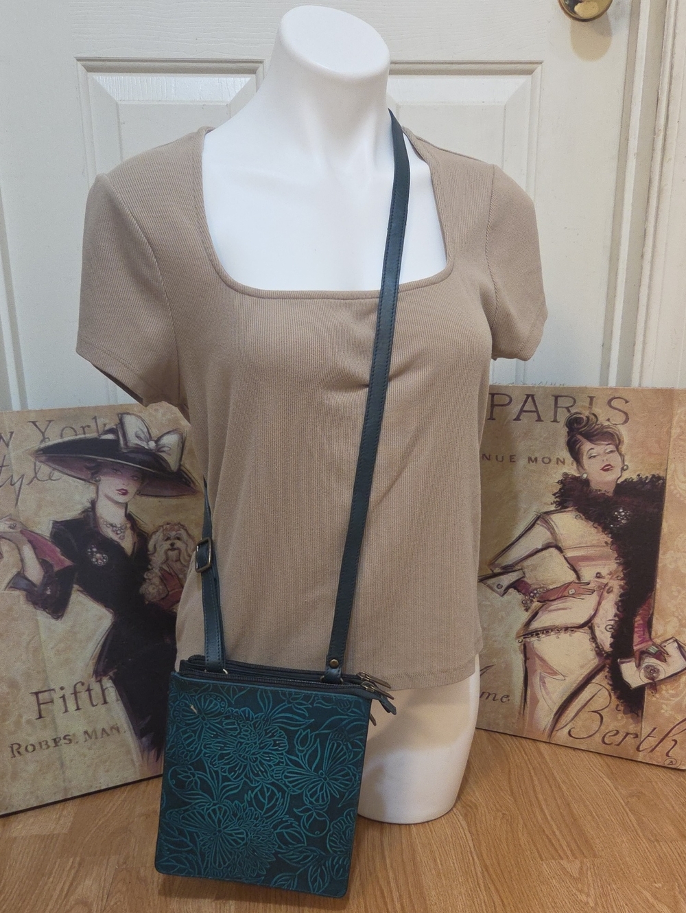 Anuschka Crossbody Floral Embossed Teal Bag